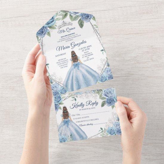 Dusty Blue Floral Princess Quinceañera 15 Anos All In One