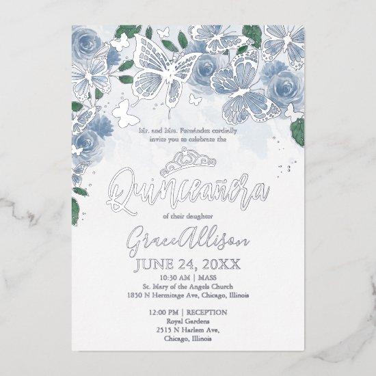Dusty Blue Floral Quinceanera Butterfly Silver Foil