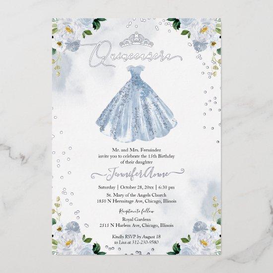 Dusty Blue Floral Quinceanera  Foil