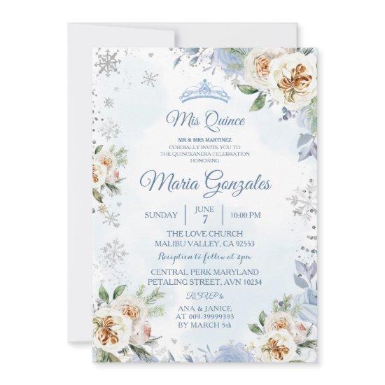 Dusty Blue & Floral Sweet 15th Birthday Invite
