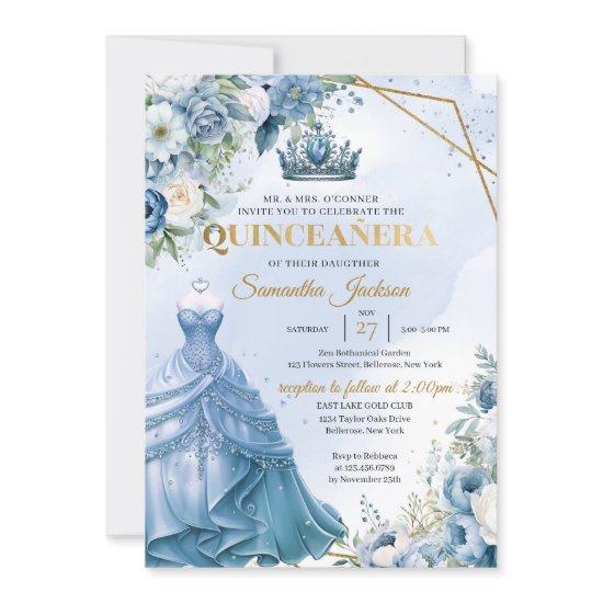 Dusty blue floral Twin Princess Dress Quinceañera