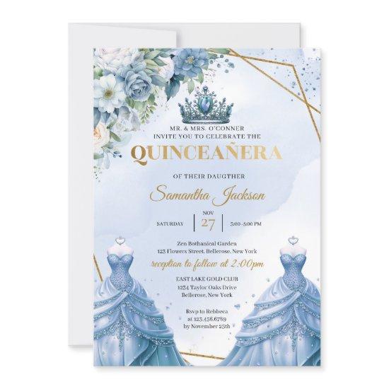 Dusty blue floral Twins Princess Dress Quinceañera