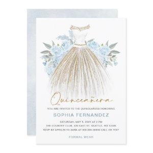 Dusty Blue gold glitter Floral Dress Quinceañera