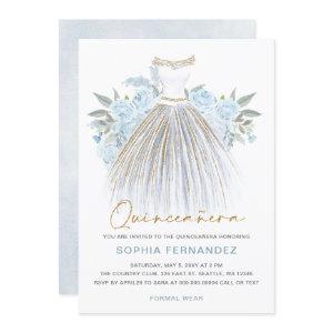 Dusty Blue gold glitter Floral Dress Quinceañera