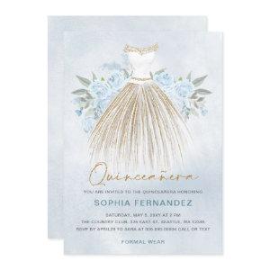 Dusty Blue gold glitter Floral Dress Quinceañera