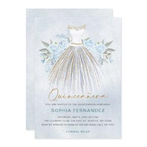 Dusty Blue gold glitter Floral Dress Quinceañera