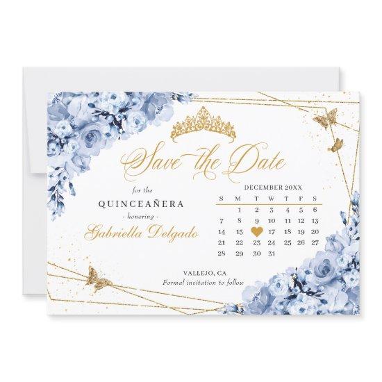 Dusty Blue & Gold Quinceañera Save The Date