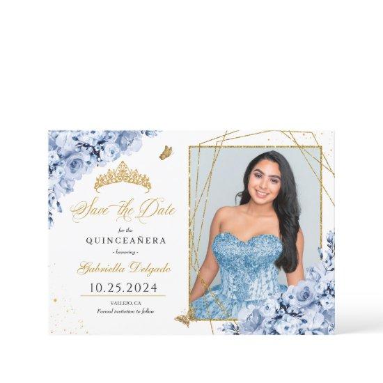 Dusty Blue & Gold Quinceañera Save The Date Photo