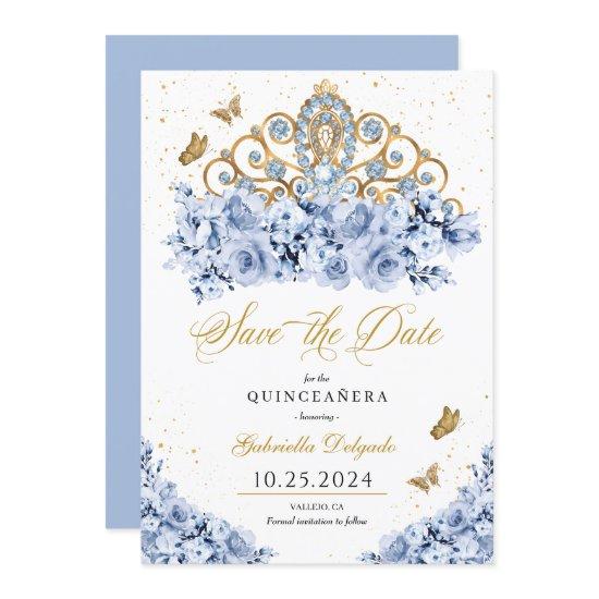 Dusty Blue & Gold Tiara Save The Date Quinceañera