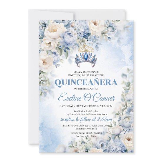 Dusty Blue & Ivory Flowers blue crown Quinceañera