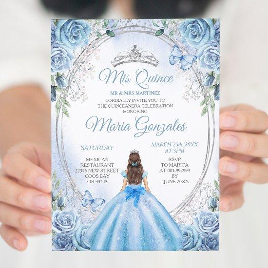 Dusty Blue Mis Quince Silver Floral Quinceañera