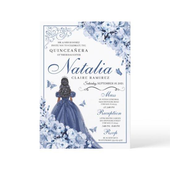Dusty Blue Navy Flowers Tiara Quinceañera