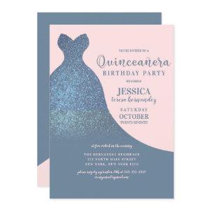 Dusty Blue Pink Sparkly Glitter Dress Quinceañera