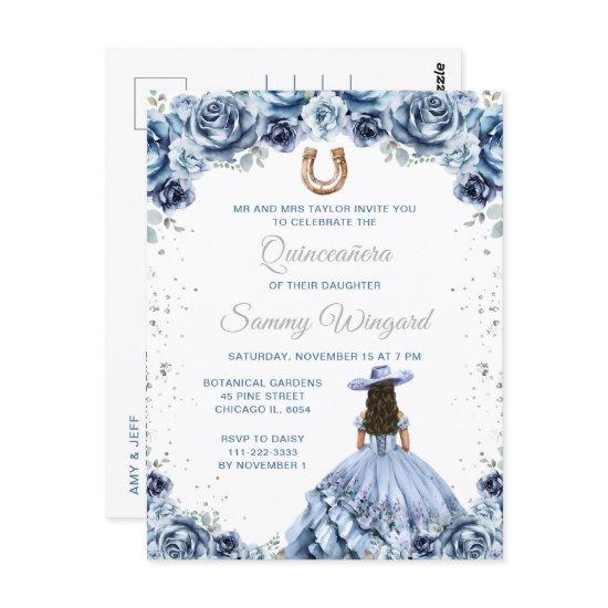 Dusty Blue Princess Floral Charro Quinceañera Postcard