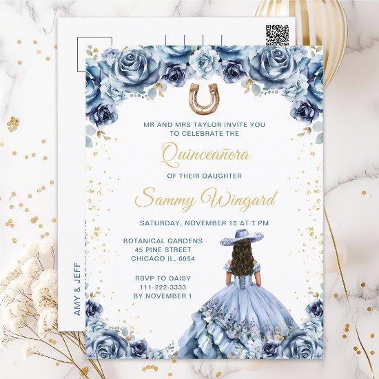 Dusty Blue Princess Floral Charro Quinceañera Postcard