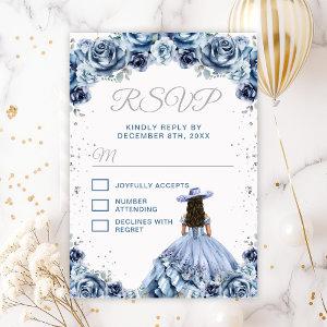 Dusty Blue Princess Floral Charro Quinceañera RSVP Card