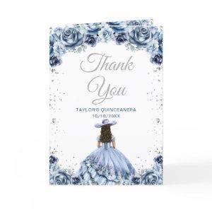 Dusty Blue Princess Floral Charro Quinceañera Thank You Card