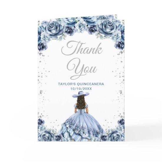 Dusty Blue Princess Floral Charro Quinceañera Thank You Card
