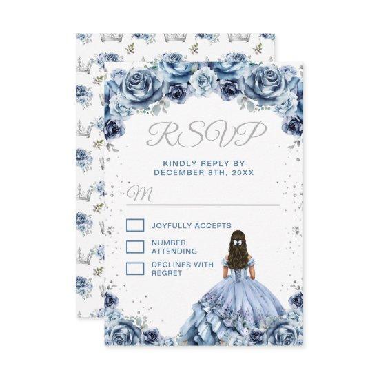 Dusty Blue Princess Floral Quinceañera RSVP Card