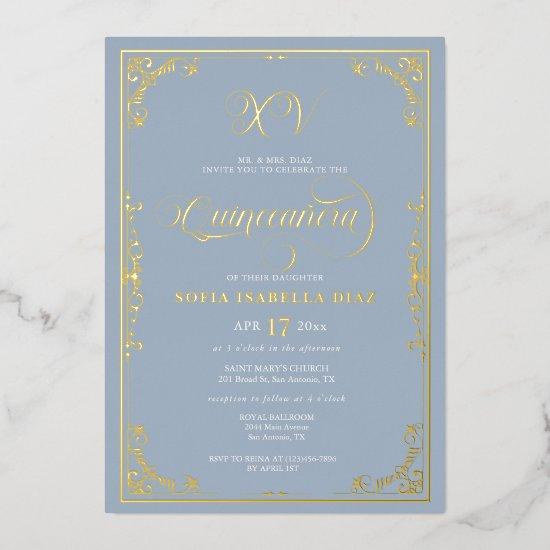 Dusty Blue Quinceañera Gold Foil Foil