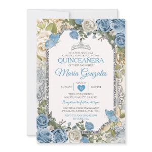 Dusty Blue Quinceañera Silver Crown Butterfly