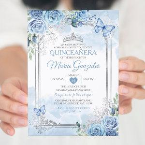 Dusty Blue Quinceañera Silver Crown Butterfly