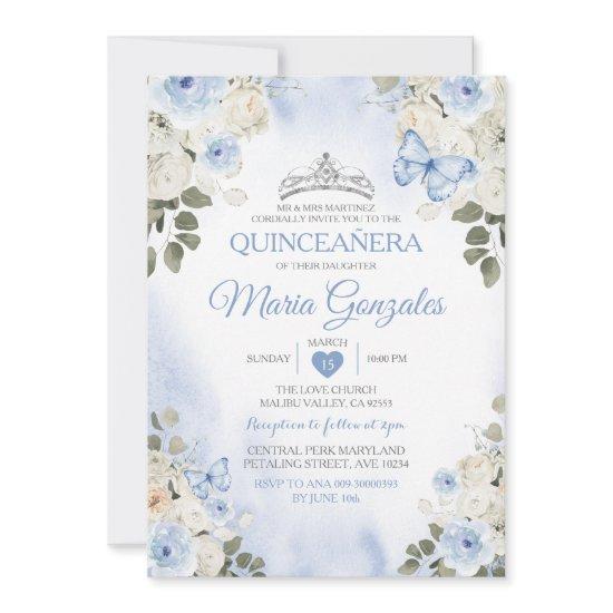 Dusty Blue Quinceañera Silver Crown Butterfly