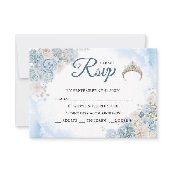 Dusty Blue Rose Flowers Quinceanera Response Card