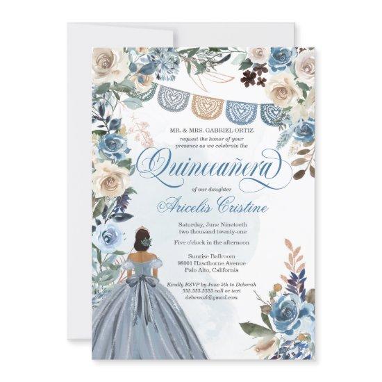 Dusty Blue Rose Rustic Country Quinceañera Invitat