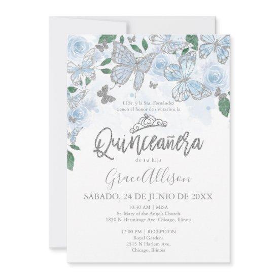 Dusty Blue Silver Butterfly Quinceanera