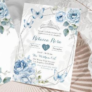 Dusty Blue Silver Floral Butterfly Quinceañera