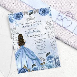Dusty Blue Silver Floral Princess Quinceañera