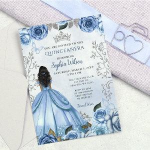 Dusty Blue Silver Floral Princess Quinceañera