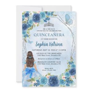 Dusty Blue Silver Glam Floral Princess Quinceañera