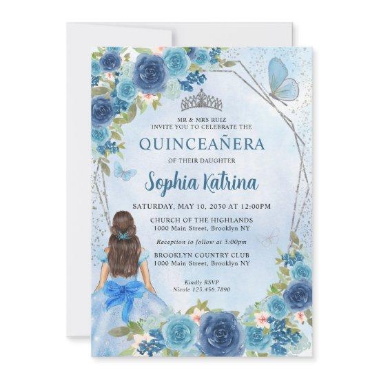 Dusty Blue Silver Glam Floral Princess Quinceañera