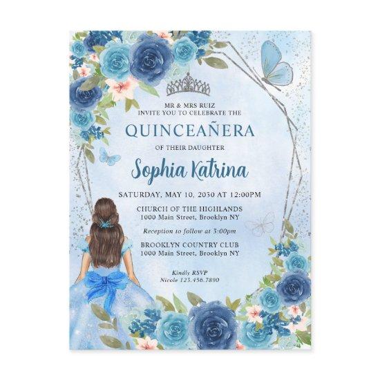 Dusty Blue Silver Glam Floral Princess Quinceañera  Postcard