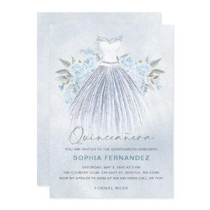 Dusty Blue Silver glitter Floral Dress Quinceañera