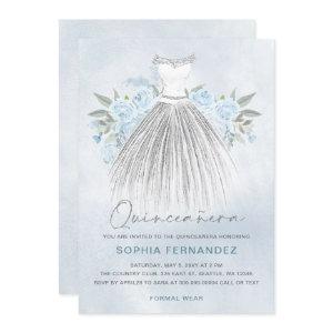 Dusty Blue Silver glitter Floral Dress Quinceañera