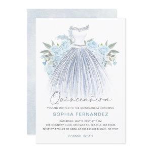Dusty Blue Silver glitter Floral Dress Quinceañera