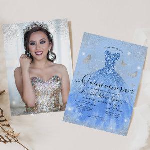 Dusty Blue Silver Glitter Gown Photo Quinceanera