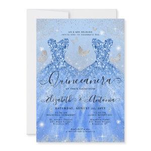 Dusty Blue Silver Glitter Gown Twin Quinceanera