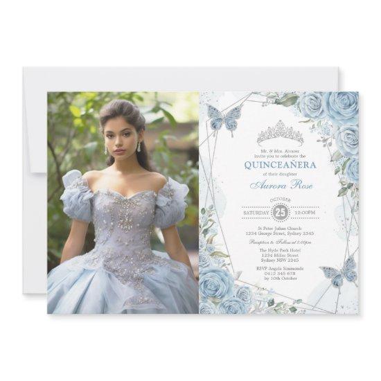 Dusty Blue Silver Quinceañera Butterfly Photo