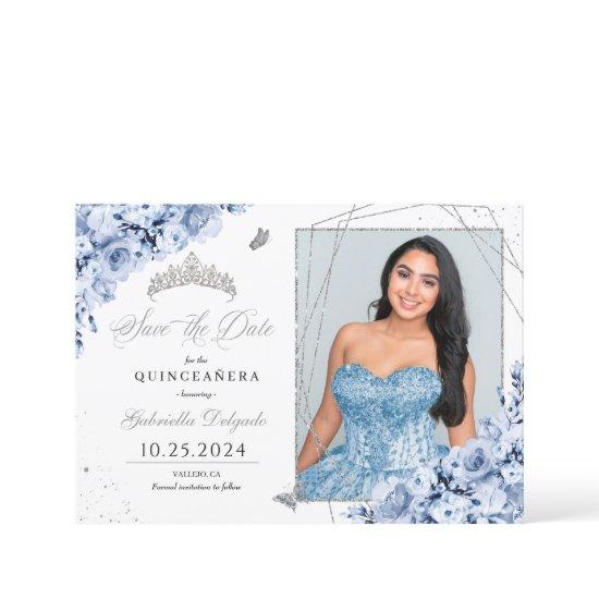 Dusty Blue Silver Quinceañera Save The Date Photo