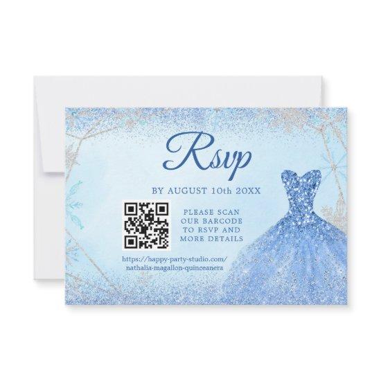 Dusty Blue Snowflake Christmas Quinceañera 15th QR RSVP Card