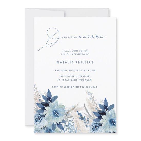 Dusty Blue Watercolor Florals Quinceañera Party