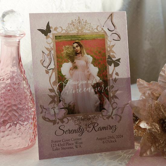 Dusty Pink, Beige Butterflies Quinceanera Invite
