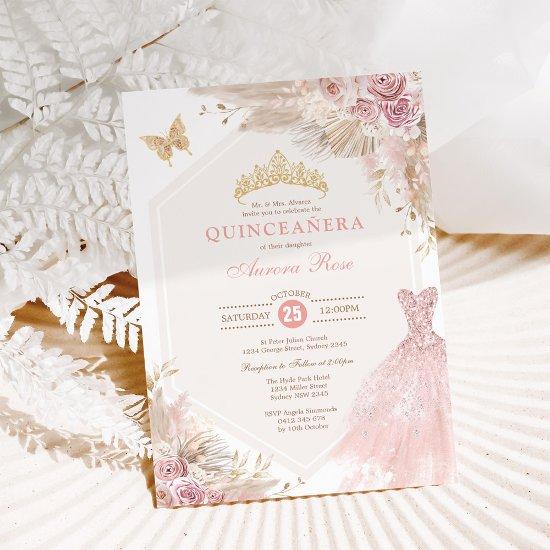 Dusty Pink Boho Floral Quinceañera 15th Birthday