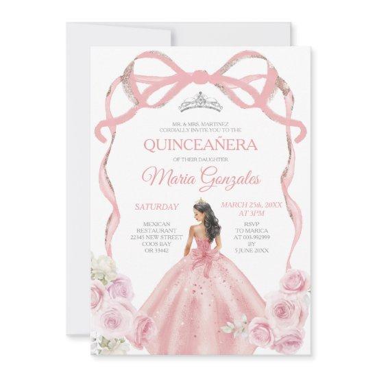 Dusty Pink Bow Princess Silver Crown Quinceañera