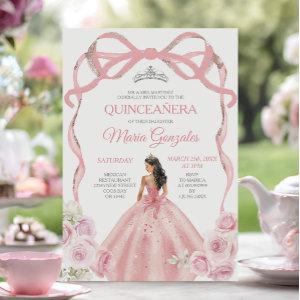 Dusty Pink Bow Princess Silver Crown Quinceañera