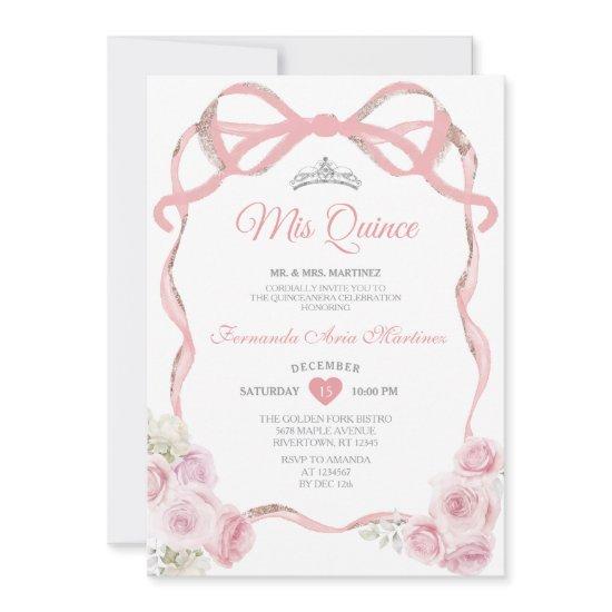 Dusty Pink Floral Bow Ribbon Silver Mis Quince